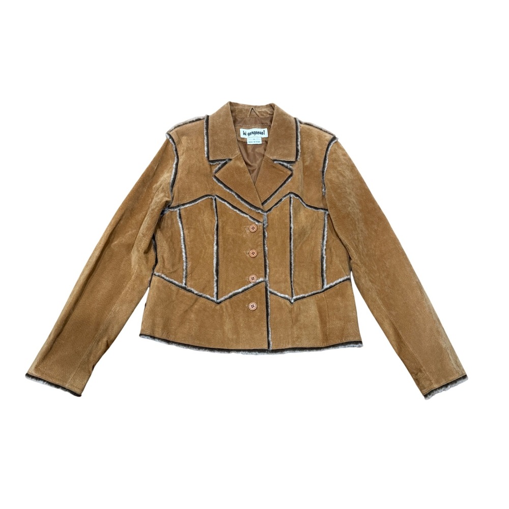 Hi Gorgeous Tan Suede Leather Jacket Faux Fur Trim Western Boho XL
